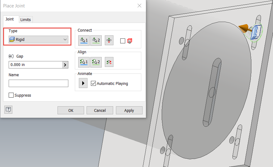 Inventor Centering a Hole in a Slot with the Joint Command